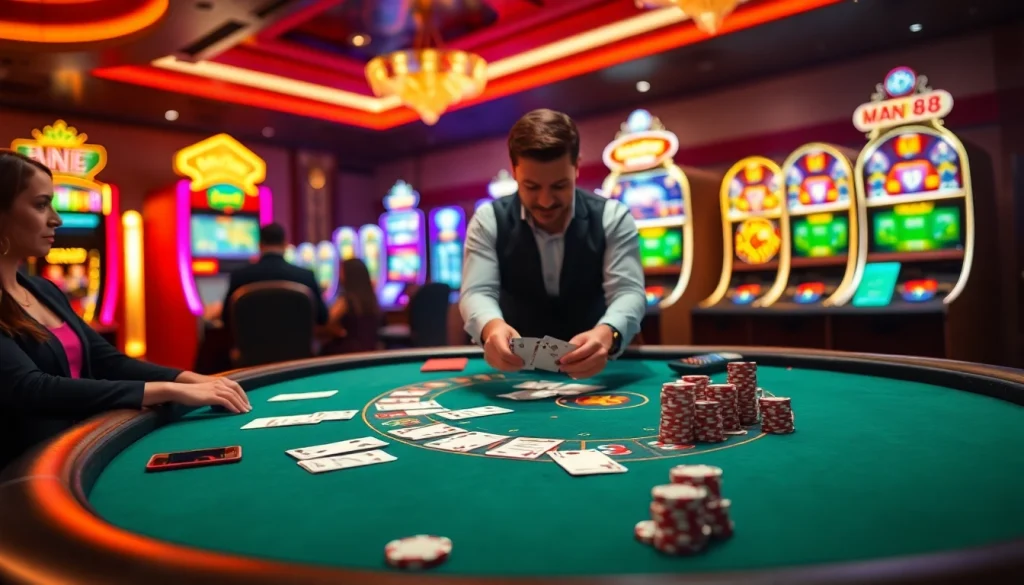 Man88 players enjoying high-stakes gambling at a luxurious blackjack table.