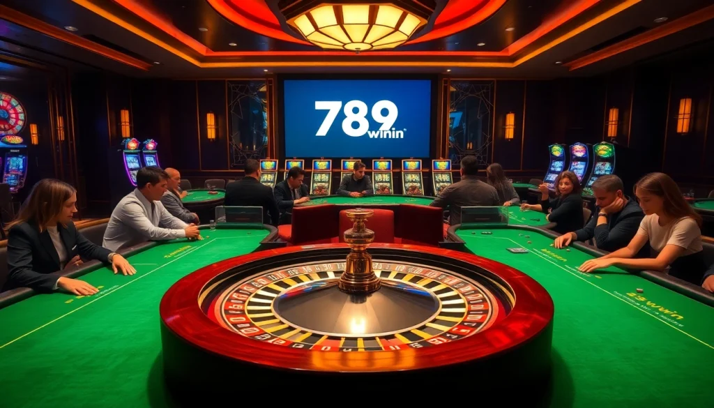 Players enjoying high-stakes games at a luxurious casino featuring 789win logo and colorful slot machines.