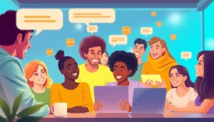 مشهد دردشة عبر الإنترنت ديناميكي يمثل شات فله، يعرض تفاعلات رقمية نابضة بالحياة بين الأصدقاء.