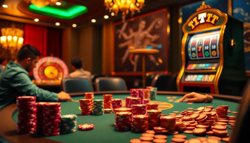 Join the excitement of rikvip as players engage in high-stakes poker with vibrant chips and a roulette wheel.