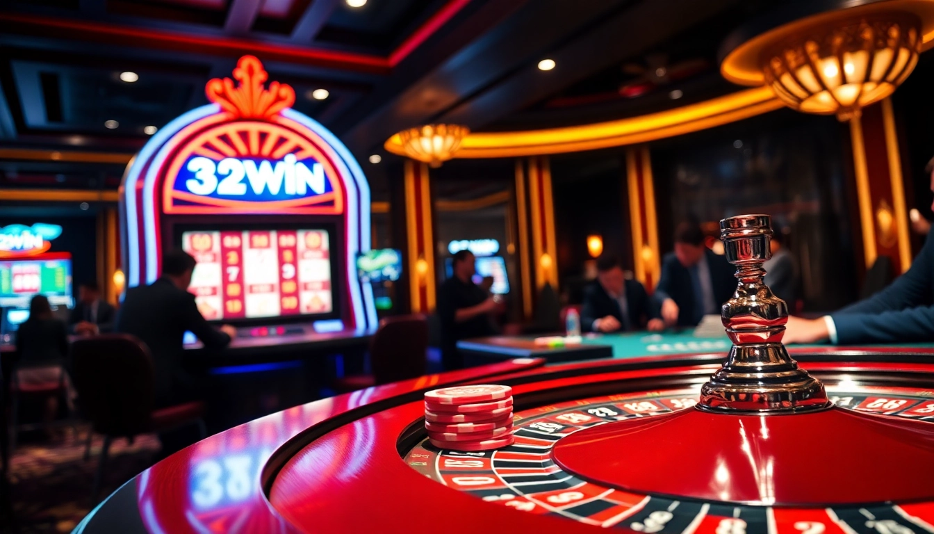 Engaged players at a vibrant 32WIN casino table with roulette and poker chips.