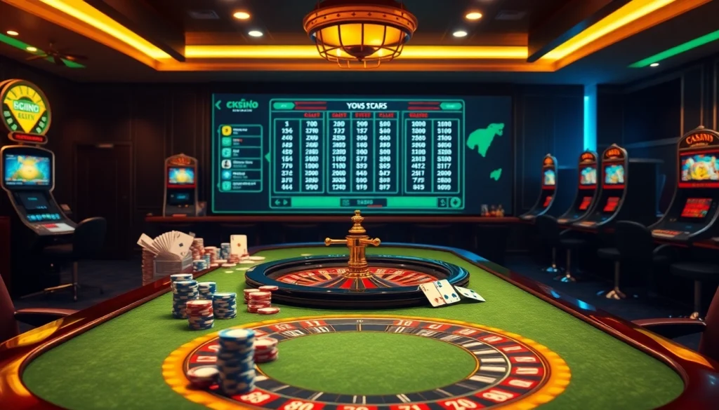 Experience the excitement of gambling at https://ok8386.sh/ with a vibrant casino scene filled with poker chips and roulette tables.