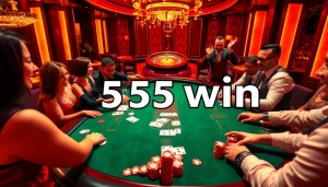 Excited players celebrating their success at a casino table with chips and cards showcasing 555 win.