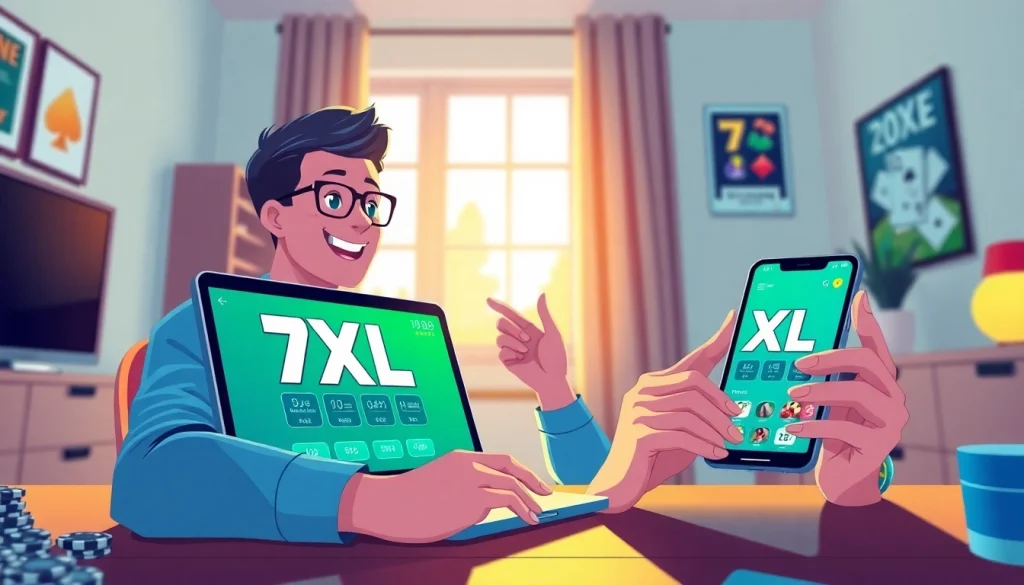 משתמש פעיל מוריד את אפליקציית הפוקר 7XL על פני מספר מכשירים, המדגים את ההתרגשות של משחקי אונליין.