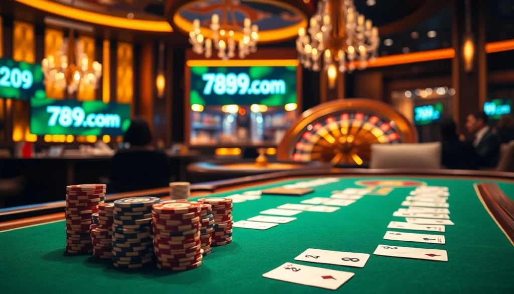 Experience thrilling games at 789club com with an elegant poker table and vibrant casino atmosphere.
