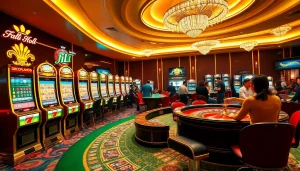 Players enjoying diverse games at the luxurious JILI casino floor with vibrant slot machines.