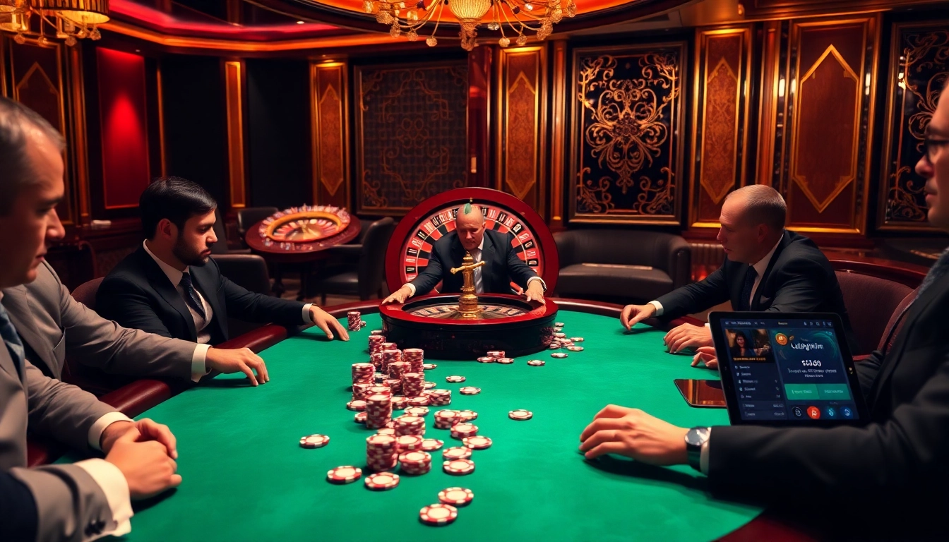 The excitement of a poker game at luckywin with vibrant chips and a roulette wheel in a luxury casino setting.