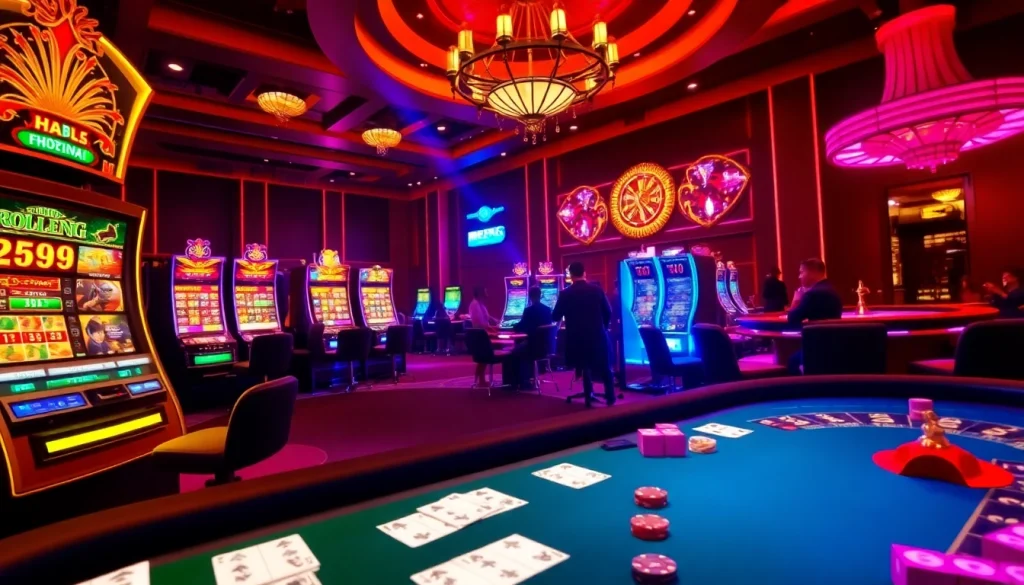 Experience the thrill of online gambling with ee88 link đăng nhập at a luxurious casino setting featuring vibrant slot machines and poker tables.