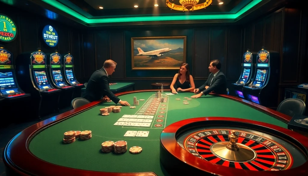 Engaging players at a high-stakes poker table alongside aviation-themed decor, highlighting the thrill of DH88 gambling.