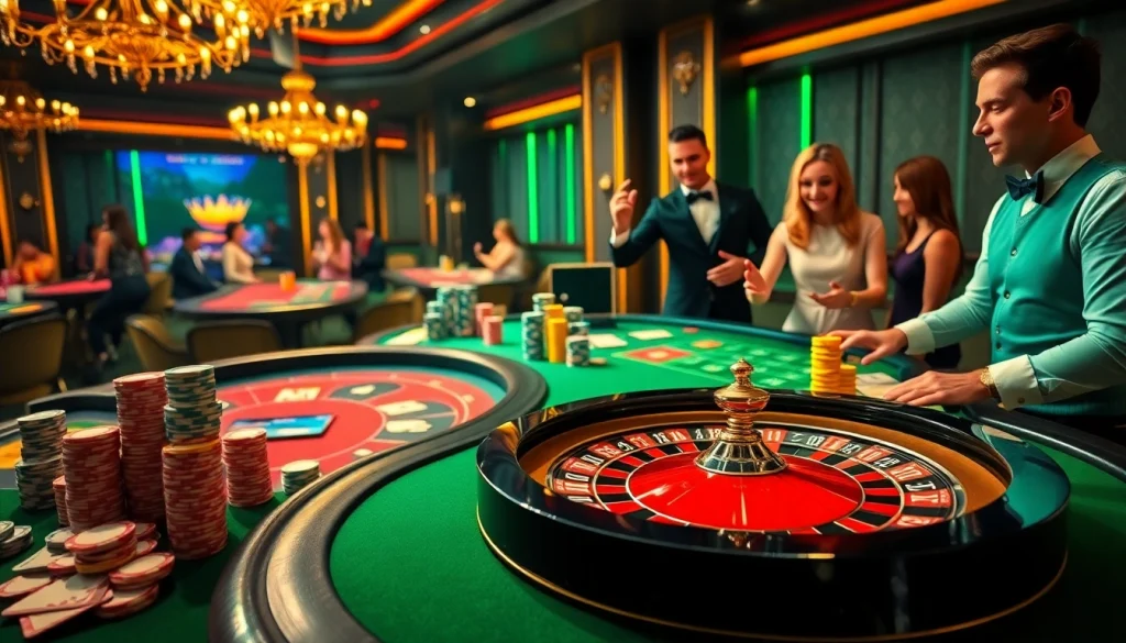 Sparking excitement as players engage at the 13win casino table, showcasing poker chips and roulette.