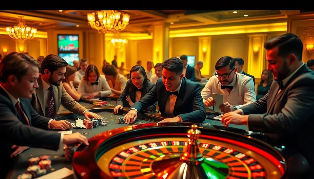 Players engaging in thrilling casino games at GO 88, surrounded by poker chips and roulette wheels.
