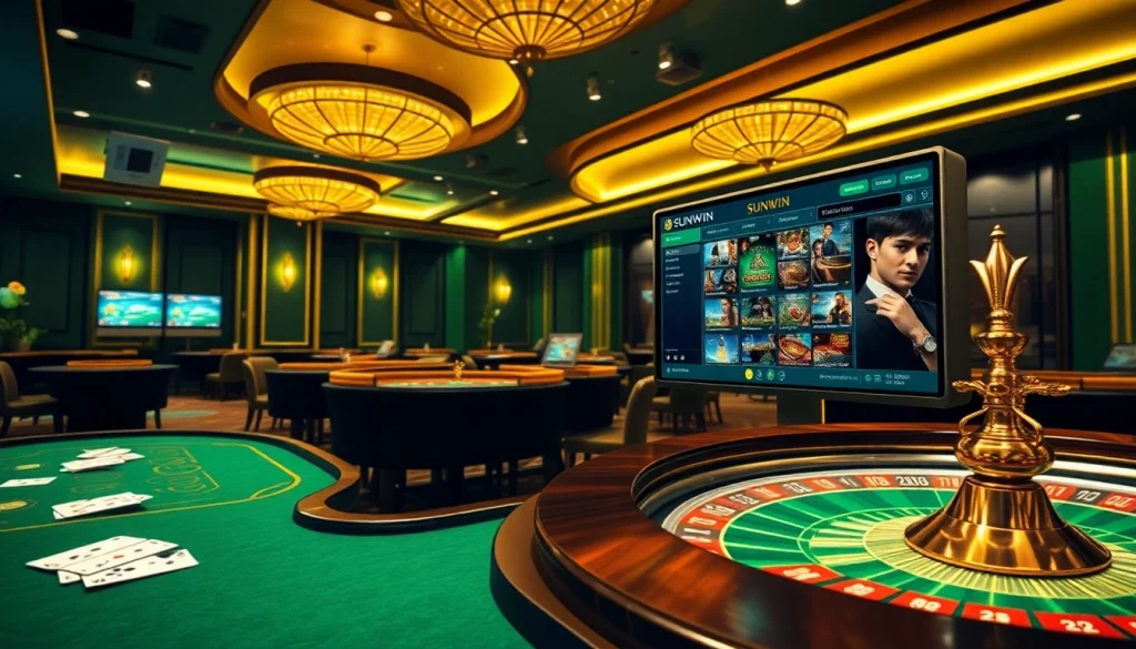 Experience the excitement of Sunwin's online gaming with vibrant casino visuals featuring cards and roulette wheels.