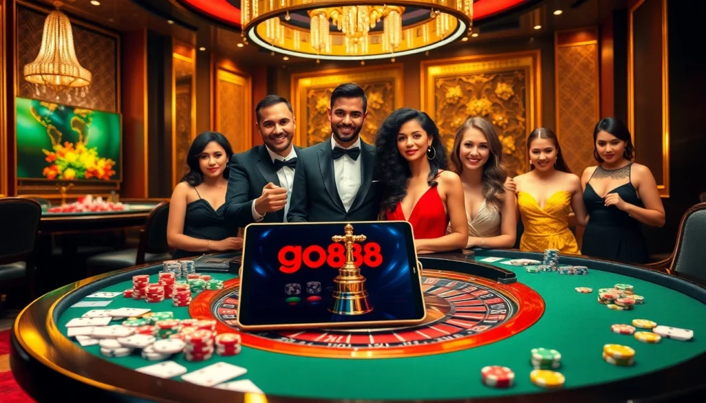 go88 offers a luxurious casino experience with engaged players at a vibrant gaming table.