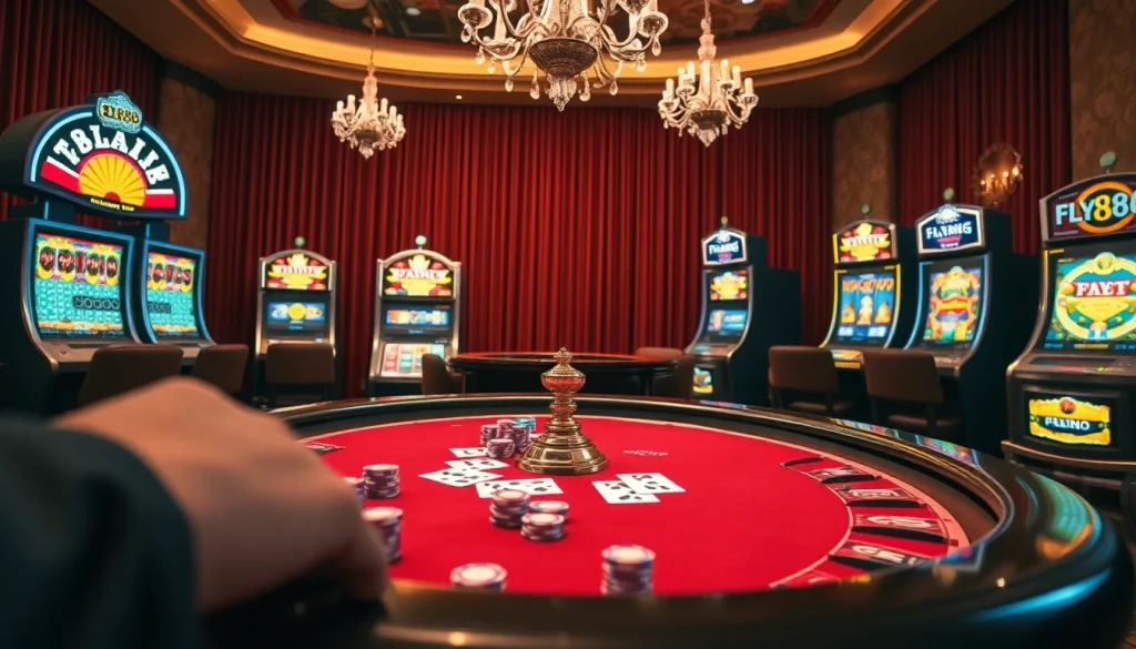 Experience the excitement of FLY88 with high-stakes poker chips and casino tables.