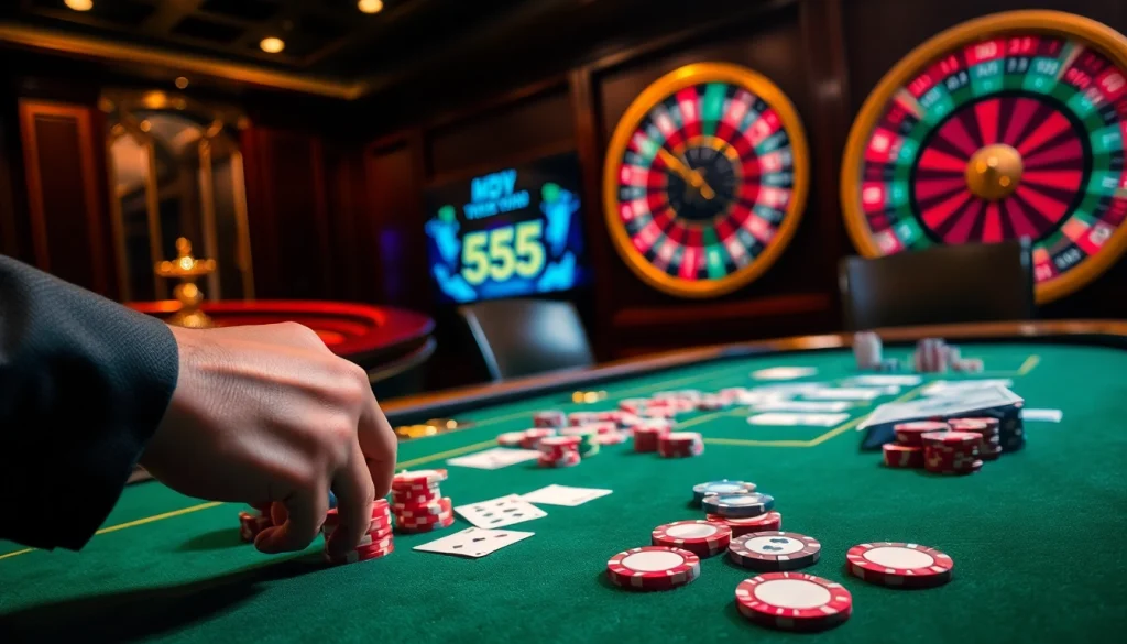 Experience the thrill of winning big with 555 win at this luxurious casino poker table.