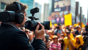 Capture a dynamic news scene featuring https://www.thedailynewsonline.com reporter in a vibrant urban setting.