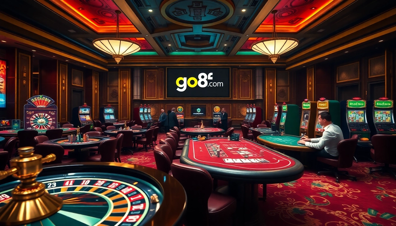 Players enjoying thrilling games at https://go8f.com/, featuring vibrant casino tables and exciting gambling action.
