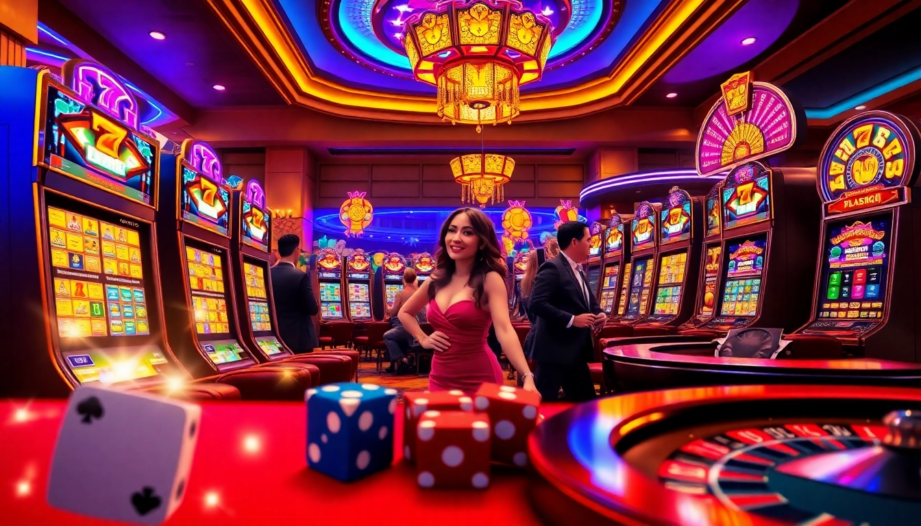 Experience the thrill of gaming at Bro138, featuring vibrant slot machines and excited players.