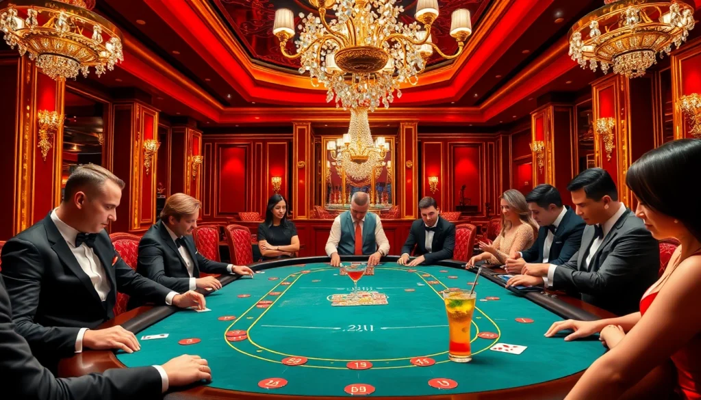 Engaged players at a go88 org poker table in a luxurious casino setting.