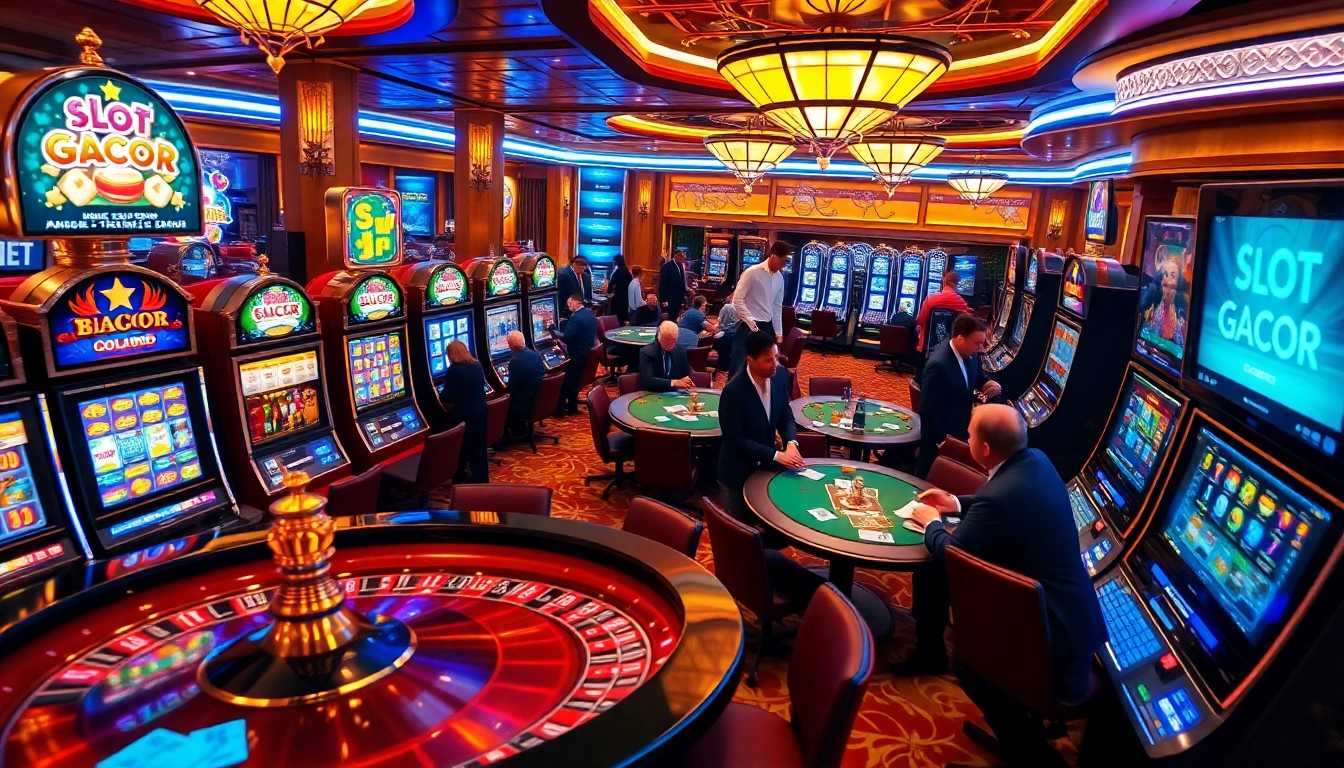 Experience slot gacor excitement with vibrant casino games and players engaged in thrilling action.