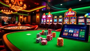 Experience the excitement of U888 with a vibrant casino scene showcasing poker, slots, and roulette.