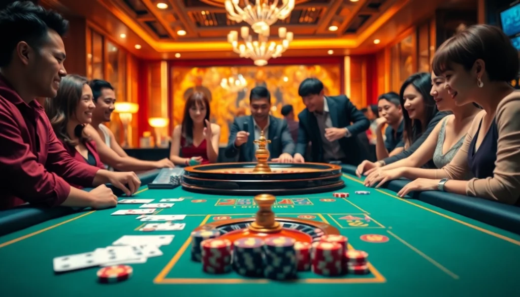 Engaged players enjoying their gambling experience at bk8thai casino with vibrant tables and chips.