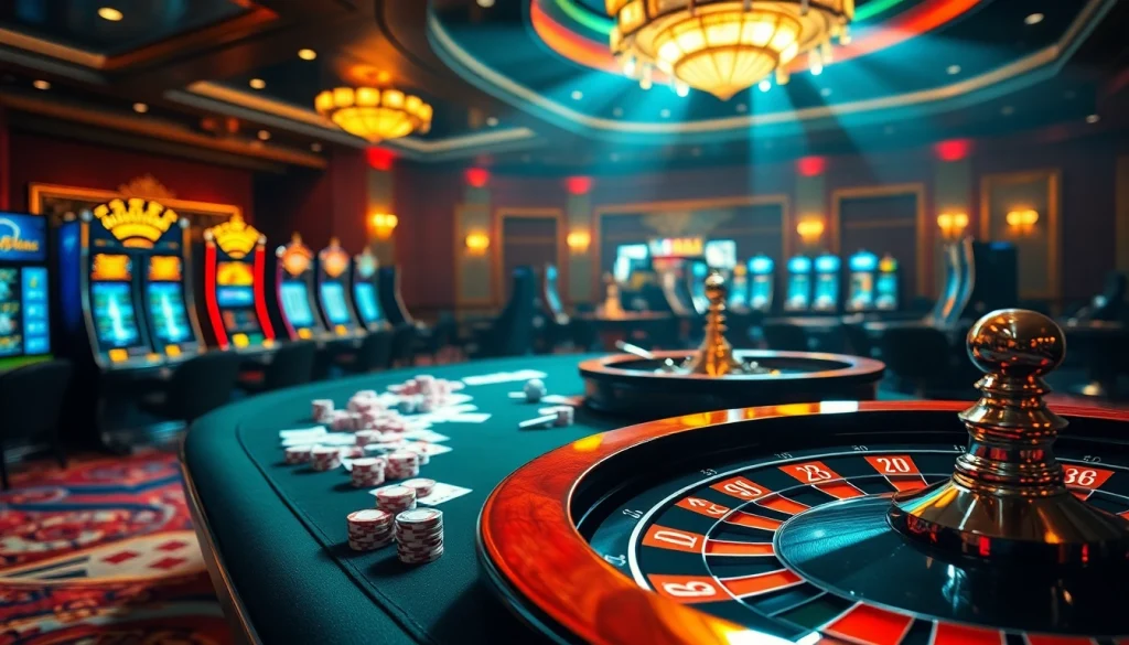 Gamblers enjoying a lively game at b52club ink-themed casino tables filled with vibrant poker chips and cards.