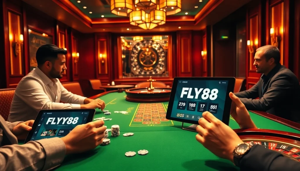 Players enjoying a poker game featuring FLY88's online interface amidst a luxurious casino setting.