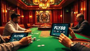 Players enjoying a poker game featuring FLY88's online interface amidst a luxurious casino setting.