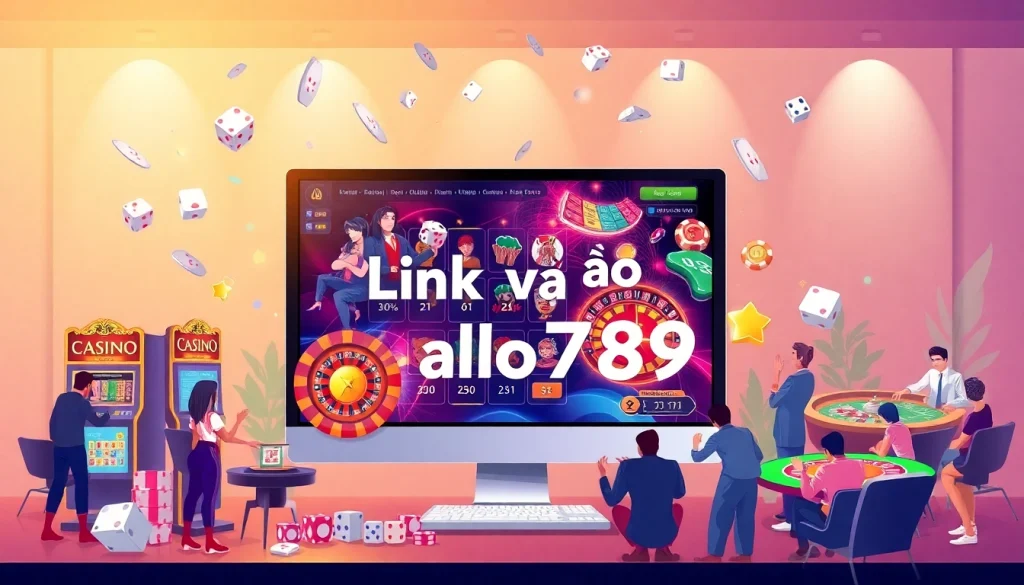 Exciting online gambling atmosphere with Link vào alo789, featuring casino tables and vibrant slot machines.
