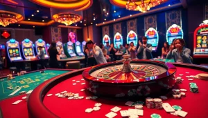 Engaging keobongda scene with players betting at casino tables, poker chips and roulette wheel highlighted.