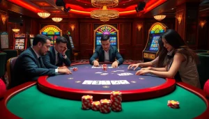 Engaging poker scene reflecting eejl88888 com, showcasing players in action with vibrant chips.