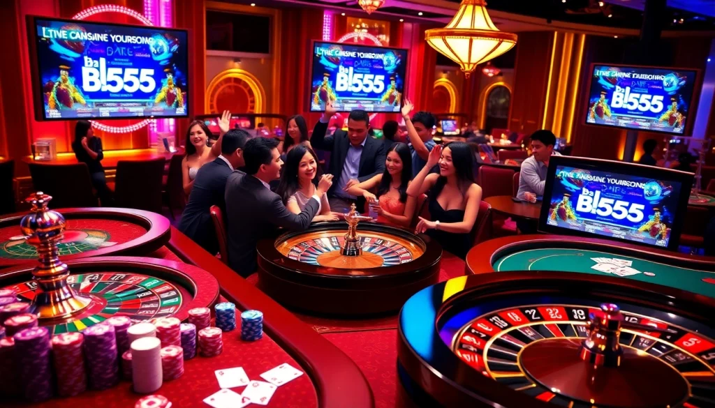 Gambling excitement at Bl555 with vibrant casino tables and engaging players.