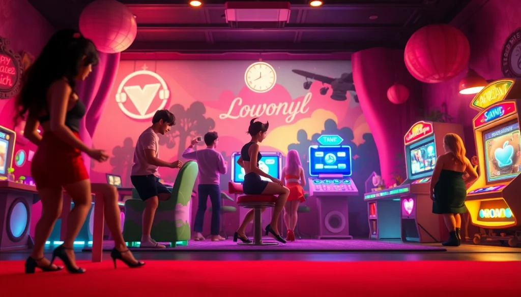 Dynamic characters in a vibrant setting for a sex game, showcasing playful interactions and rich colors.