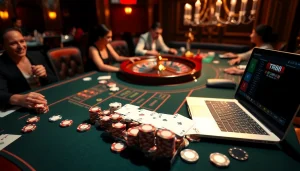 Gamblers enjoying the excitement of Nhà cái TR88 with poker chips at a luxurious casino table