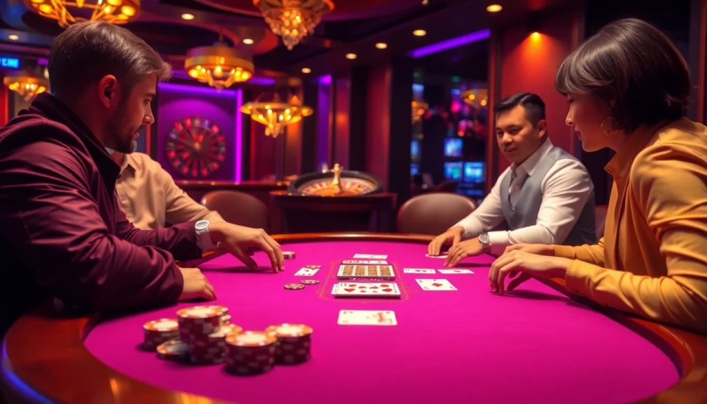 Rikvip players enjoying an exciting poker game at a luxurious casino.