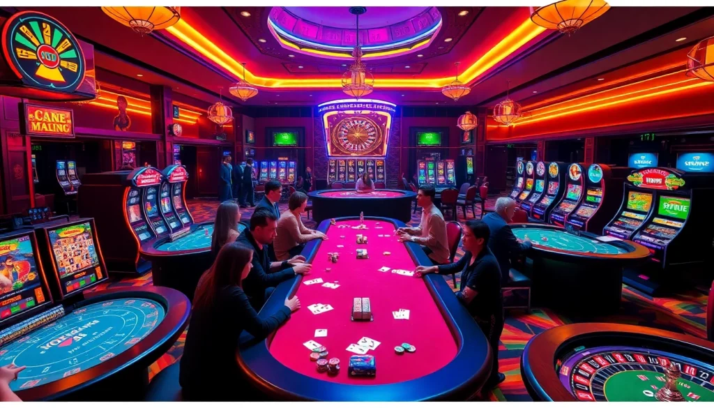 Players celebrating at https://hz88.forum/ during an exciting casino game session with vibrant slot machines.