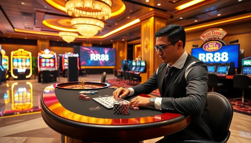 Experience thrilling poker with RR88 at a luxurious casino table, surrounded by slot machines.