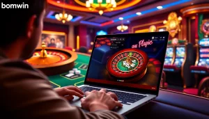 A lively gaming scene at bomwin featuring a roulette table, poker chips, and online gambling interface