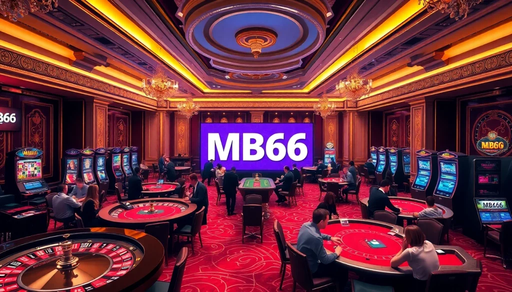 Experience thrilling action at MB66 casino, showcasing poker tables and slot machines in a luxurious environment.