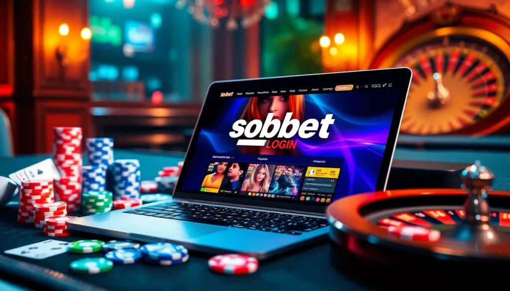 Exciting online betting with sbobet login on a sleek laptop amidst vibrant casino elements.