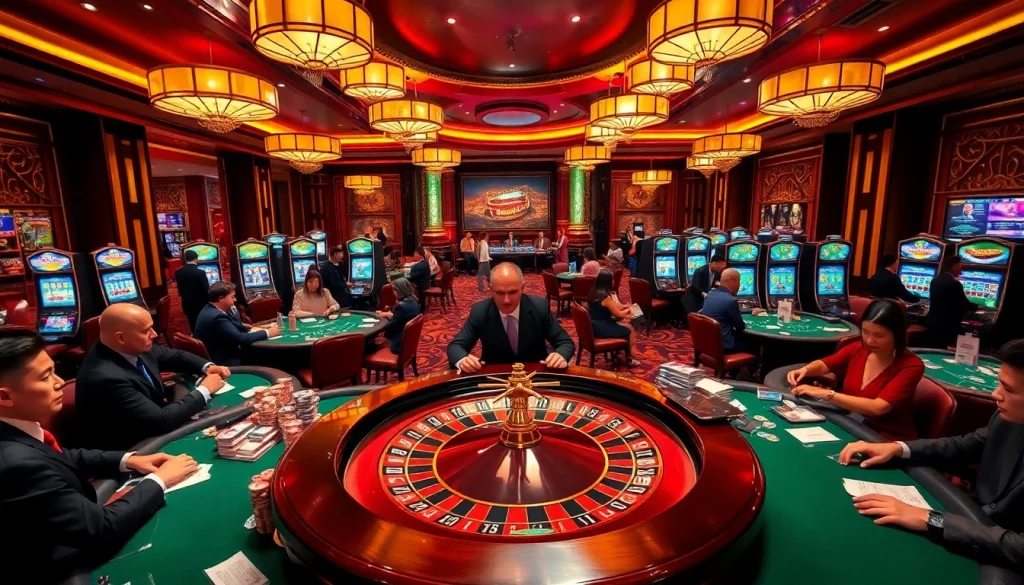 Players engaging with the exciting nk88 casino atmosphere, featuring roulette wheels and vibrant slot machines.