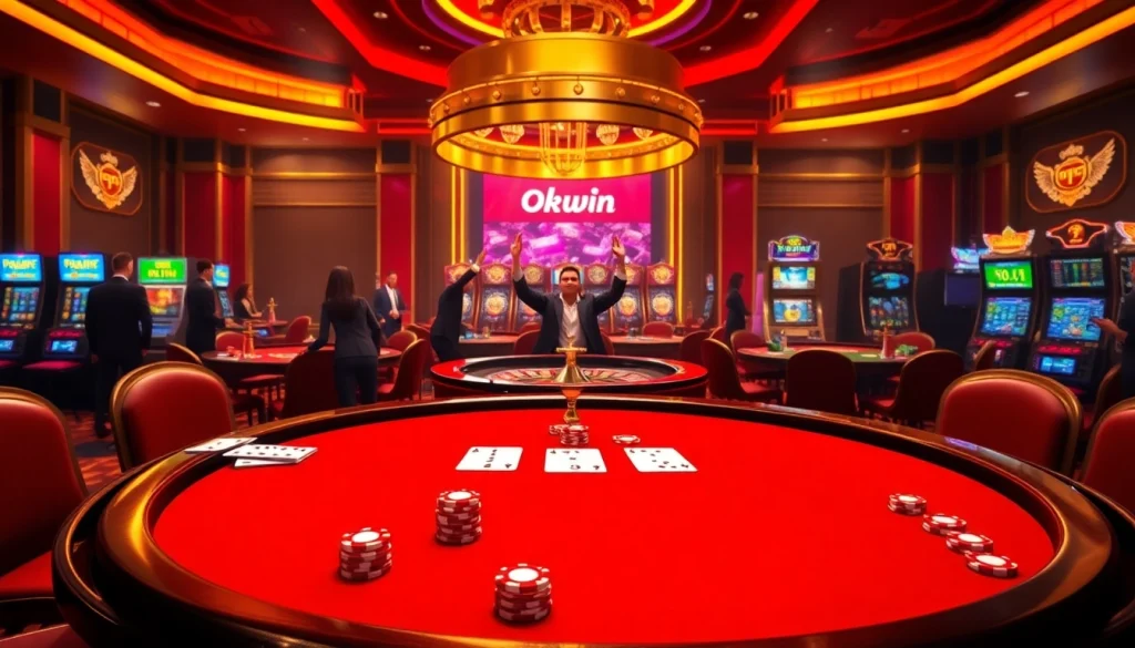 Experience the thrill of winning at okwin.com with a luxurious casino scene full of vibrant games and excited players.