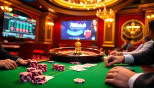 Players enjoying an exciting hand at poker in the vibrant atmosphere of 789club com casino.