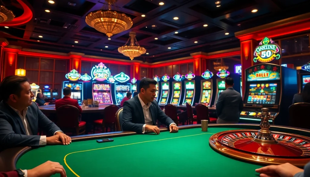 Experience the thrill of gambling at Nhà cái OKKING with casino tables and vibrant slot machines.