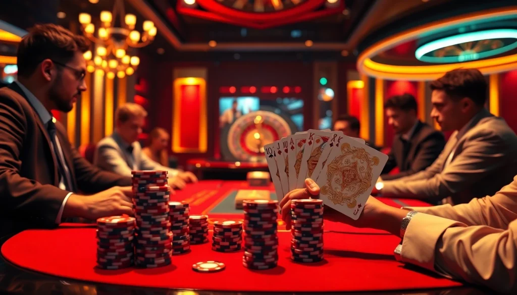 Players engaging in a high-stakes poker game at https://789f.town/, showcasing chips and cards in a luxurious setting.