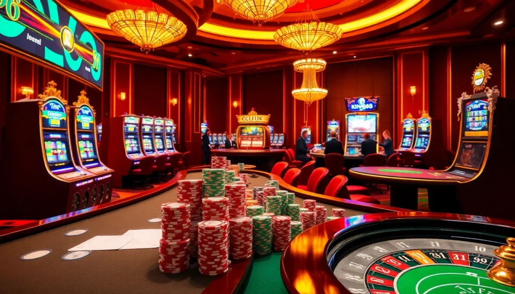 Exciting online gambling scene featuring king88, lavish casino tables with players and vibrant gaming elements.