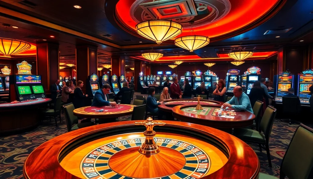 Nohu90 casino gaming area with tables, roulette wheel, and slot machines full of excitement.