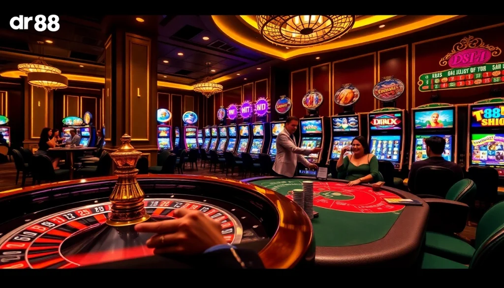 Experience the thrill of dr88 with an exciting casino scene featuring roulette, poker, and vibrant slots.