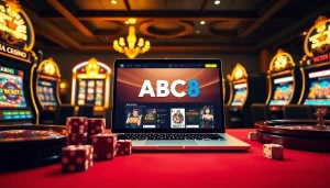 Experience the excitement of online betting with ABC8's engaging casino scene featuring vibrant gaming elements.